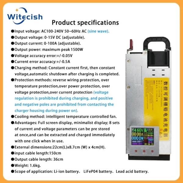Adjustable charger 12V 100A lithium charger 14.6V 100A lifepo4 charger 0-15v 0-100A battery charger 3.65v,12.6v,14.6V,60a, 50a