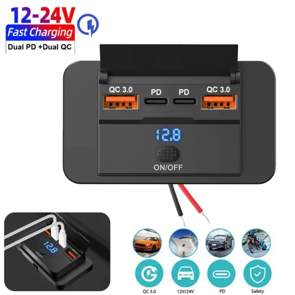 Car Charger Socket Adapter with Switch, 2-4-Ports Charging Splitter, Outlet for Bus, RV, ATV,Truck,Boat,Outlet,12V,24V, PD,QC3.0