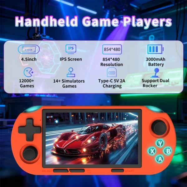 Sd5ac986849b341baa22e3752b2bce9f5f.webp GAMINJA Handheld Portable Gaming Console 4.5Inch HD IPS Screen Display Retro Gaming System LED lights Built-in 12000 Games