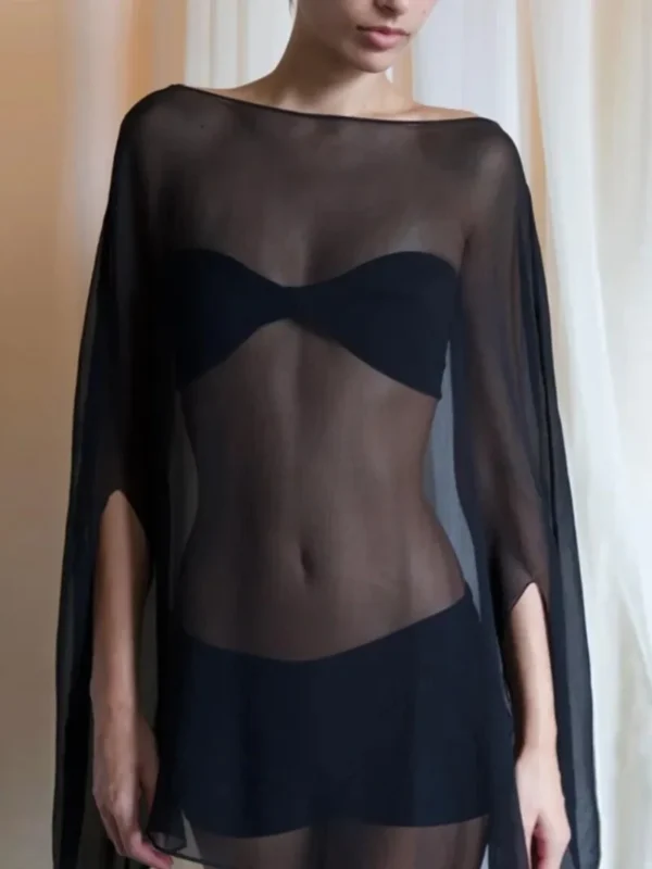 S36c040932b2d4a808f6e884ad5f2c59fW.webp Woman Clothes See-through Chiffon Blouses Sexy Fashion Solid Cover-ups Ladies Elegant Night Club Tops White Black Streetwear