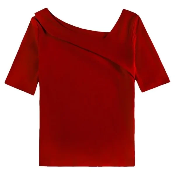 Woman's Clothing Basic T-Shirts Tops Lady Slim Short Sleeve Skew Collar Sheath Blouse Tops SS055