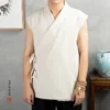 Traditional Chinese Clothing  Hanfu Men Linen Cotton Sleeveless Jacket Mens Tang Suit Kimono Cardigan Male Open Stitch Coat
