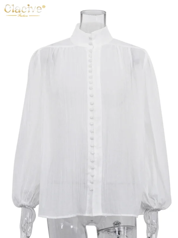 Clacive Fashion White Cotton Woman Blouse 2024 Elegant Stand Collar Puff Sleeve Shirts Casaul Classic Blusa Tops Female Clothing