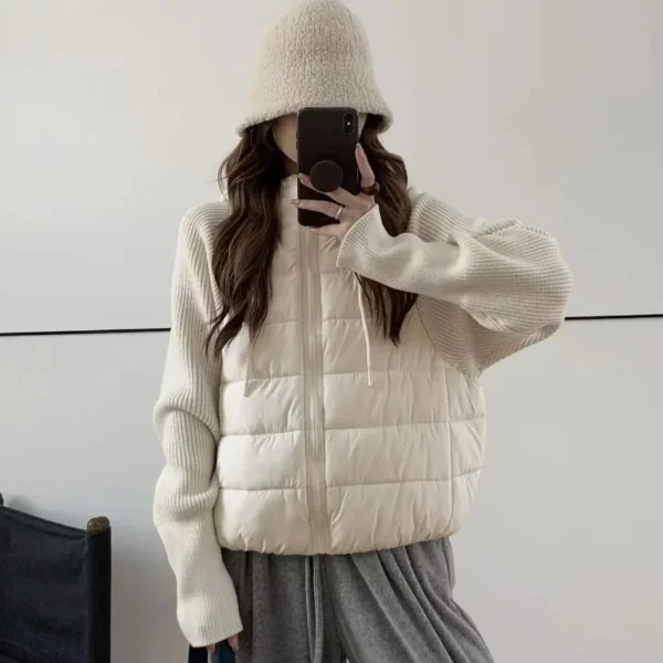 Women's Clothing Knitted Splicing Down Cotton Coat Warm Versatile Short New Winter