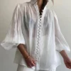 Clacive Fashion White Cotton Woman Blouse 2024 Elegant Stand Collar Puff Sleeve Shirts Casaul Classic Blusa Tops Female Clothing