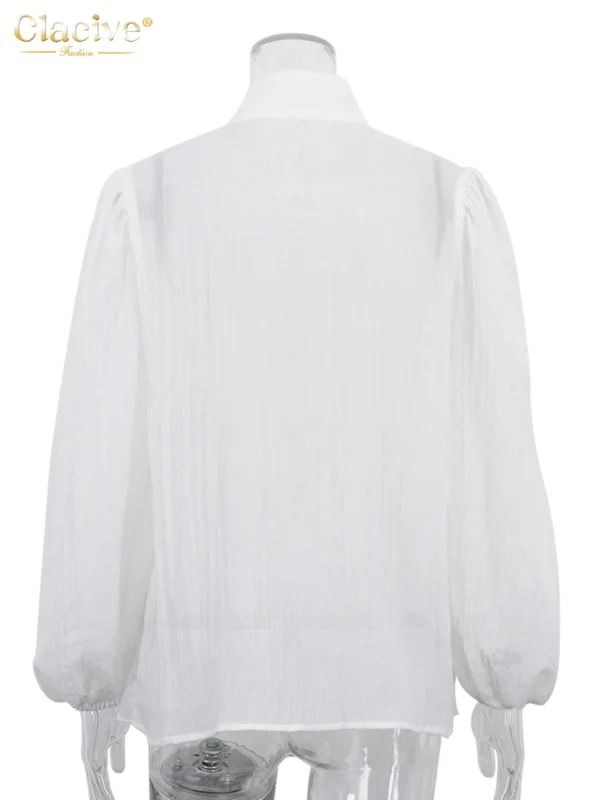 Clacive Fashion White Cotton Woman Blouse 2024 Elegant Stand Collar Puff Sleeve Shirts Casaul Classic Blusa Tops Female Clothing