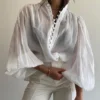 Clacive Fashion White Cotton Woman Blouse 2024 Elegant Stand Collar Puff Sleeve Shirts Casaul Classic Blusa Tops Female Clothing