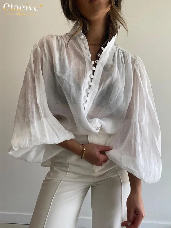 Clacive Fashion White Cotton Woman Blouse 2024 Elegant Stand Collar Puff Sleeve Shirts Casaul Classic Blusa Tops Female Clothing